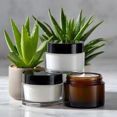 Three clear jars of cream, surrounded by succulents