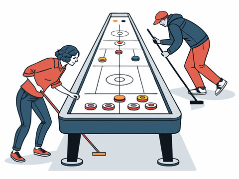 Create a bold, vector illustration of a shuffleboard table with a thick stroke outline, suitable for print or digital use.  Include realistic details.