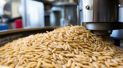 Close-up of rice grains entering the polishing section of a milling machine