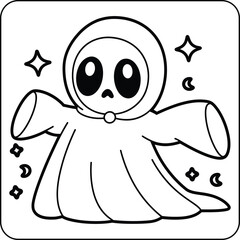 Cute Kawaii Ghost in Cloak Line Art Coloring Page