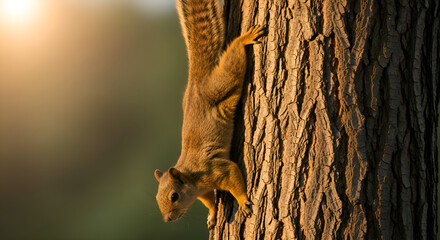 Fototapeta premium The squirrel climbing a tree trunk in early morning light