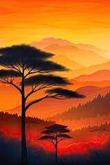 Majestic Sunset Over African Savannah with Silhouetted Acacia Trees and Rolling Hills Creating a Breathtaking Safari Landscape Experience