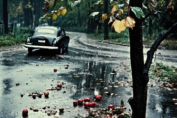 빗속의 클래식카와 낙엽 (Classic Car in the Rain and Fallen Leaves)