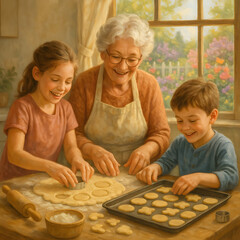 Grandma Baking Cookies with Grandkids