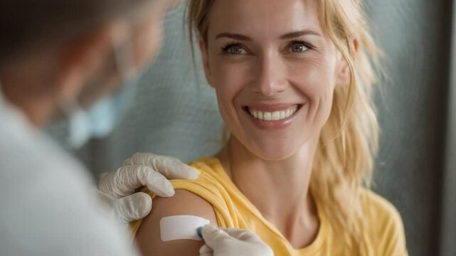 Injection of Wellness: A moment of healthcare illustrated, showcasing a smiling woman receiving an injection from a medical professional, representing immunization and protection.