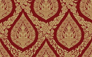 Traditional Thai art seamless pattern in damask gold colored motif suitable for wallpaper, curtain, cloth, textile, tile and fabric design isolated over red background.