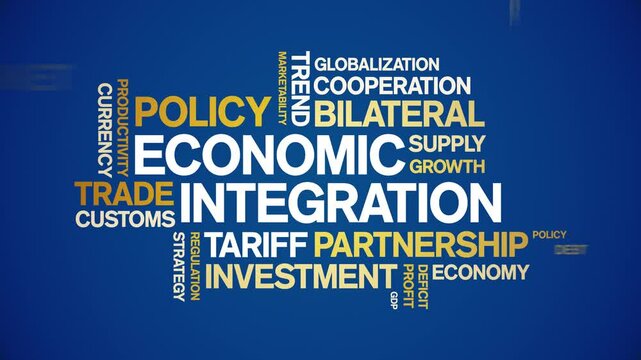 Economic integration animated word cloud;text design animation tag kinetic typography seamless loop.