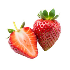 two fresh and delicious strawberries, one cut and one not, isolated on transparent background