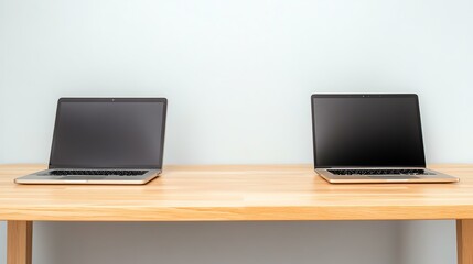Fototapeta premium Modern workstations with laptops on a wooden table.
