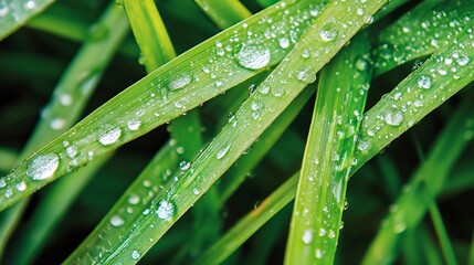 Naklejka premium Lush Green Grass Closeup: Texture, Dew, Nature
