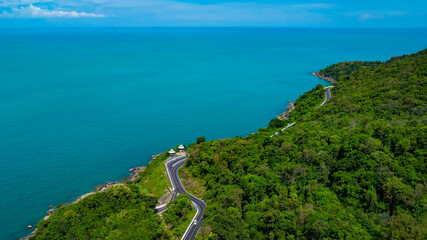 Aerial view of  landscape view from flying drone in Nature as coastline of road way scenic view