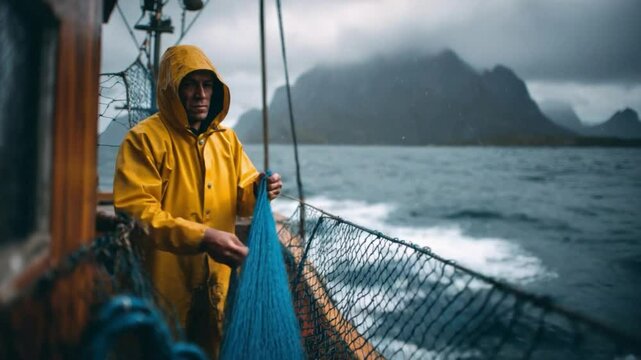 The Mariner and the Sea: A weathered mariner, cloaked in a vibrant yellow raincoat, stands on the deck of a fishing vessel, gazing out at a vast, misty ocean scene.