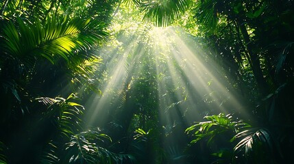 Bright morning rays inside tropical forest high resolution picture