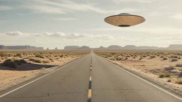 Flying saucer hovering above empty desert highway in daylight  