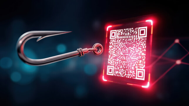 Phishing concept with metal fishing hook and glowing red QR code symbolizing digital scam and cyber attack threat in dark background