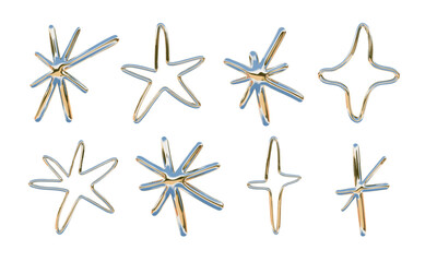 Chrome Line Art Spark and Star Symbol. A dreamy collection of 8 abstract spark and star icons in smooth chrome line art with elegant gold and silver tones and more. Perfect for celestial design accent