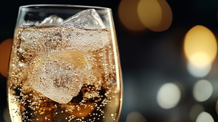 Sparkling Drink, Bubbly Beverage, Carbonated Water, Ice, Glass, Close-up