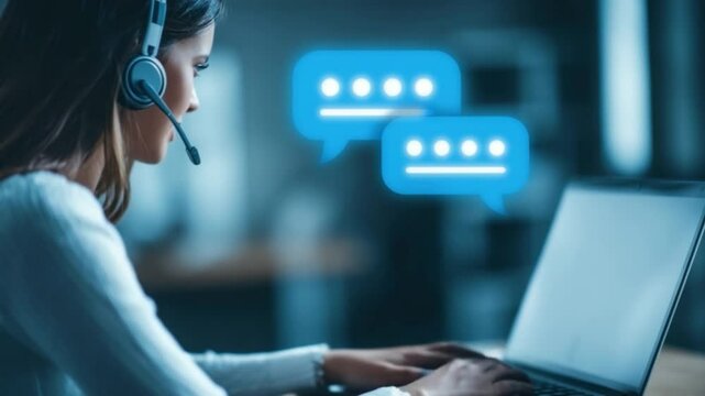 Call Center Agent Typing Message: Focused call center agent types on laptop, responding to digital chat bubbles with headset on.