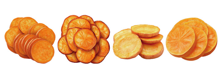 Assortment of orange sweet potato slices arranged in various stacks on a white background