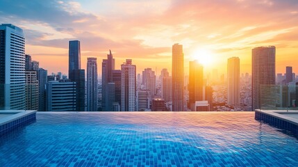 Rooftop pool with city skyline sunset view, ideal for relaxation and travel