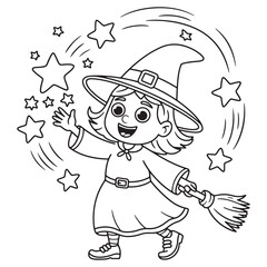 Happy Flying Witch Girl with Wand and Stars – Cute Halloween Night Cartoon Line Art