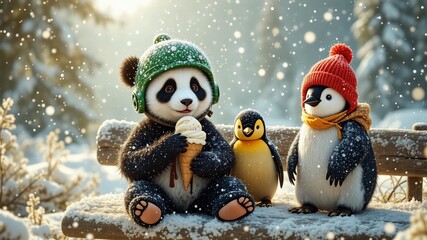 Fototapeta premium Snowy Park Picnic: Panda, Chick, and Penguins