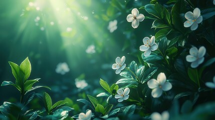 A serene and lush garden scene with soft sunlight streaming through green foliage, highlighting delicate white flowers in full bloom, creating a peaceful and vibrant nature setting.