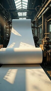A paper mill, massive rolls of paper moving through machines, with soft natural light streaming through skylights and dust particles.