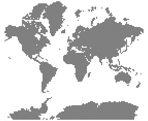 Naklejka premium Dotted world map. This abstract dotted world map displays each landmass and region through minimalistic design. The dotted world map balances style, detail, and modern presentation.