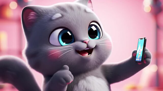 Charming 3D Render of a Grey Cartoon Cat with Blue Eyes Holding a Smartphone on Pink Backdrop in Children's Illustration Style