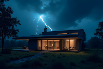 Modern house in the middle of lightning