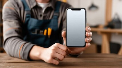 Smart Phone Display: A handyman, wearing a uniform, meticulously presents a smartphone, its display gleaming with potential.