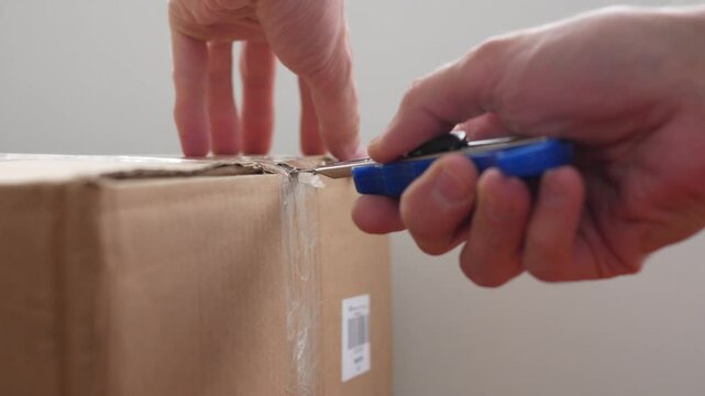 Close-up of a cardboard box sealed with tape and male hands opening it with a box cutter