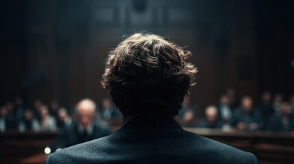 Fototapeta premium A tense moment in court, lawyer seen from behind approaching witness stand, judge watching closely, audience blurred, dark tones, sense of judgment looming