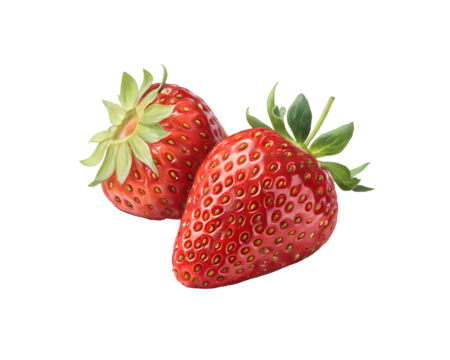 Two Ripe Strawberries with Glossy Red Surface on White Background