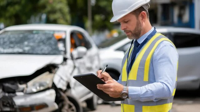 Accident Investigation: A professional meticulously documents the aftermath of a collision involving two vehicles, ensuring a comprehensive assessment of the damage and contributing factors.