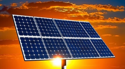 Solar panels at sunset, energy source, beautiful sky.  Possible use Educational material, renewable energy poster