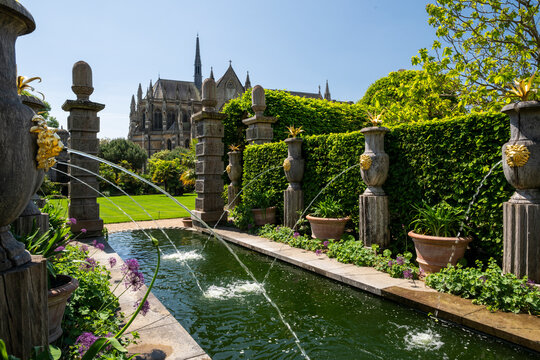 Water Garden in medieval old historic castle in Arundel, UK