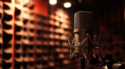 Professional Studio Microphone in a Soundproof Recording Booth with Warm Lighting