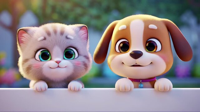 Adorable Kitten and Puppy Leaning on White Fence Cartoon Style 3D Render with Cute Animation Design and Cheerful Expression Outdoors Depicting Friendship and Playfulness
