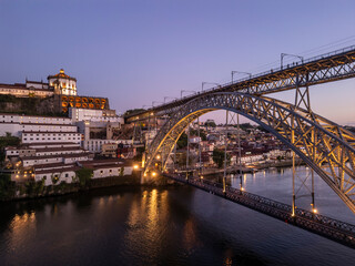 Beautiful aerial view to big metal bridge Luis I in downtown Porto