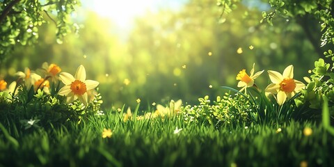 Spring Daffodils in Sunny Forest