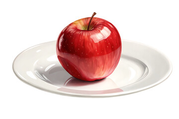 Red apple on white plate isolated on transparent background