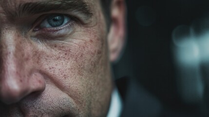 Close-up shot of a man in a dark suit with anxious eyes, minimalistic background, soft cool lighting, concept of doubt and internal struggle in the workplace
