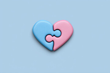 Fototapeta premium A pink and blue heart-shaped puzzle with two interlocking pieces on a light blue background.