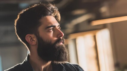 Man with a Beard: A portrait of a man with a full, dark beard, his gaze directed thoughtfully off into the distance. The lighting highlights the texture and depth of his beard. - Powered by Adobe
