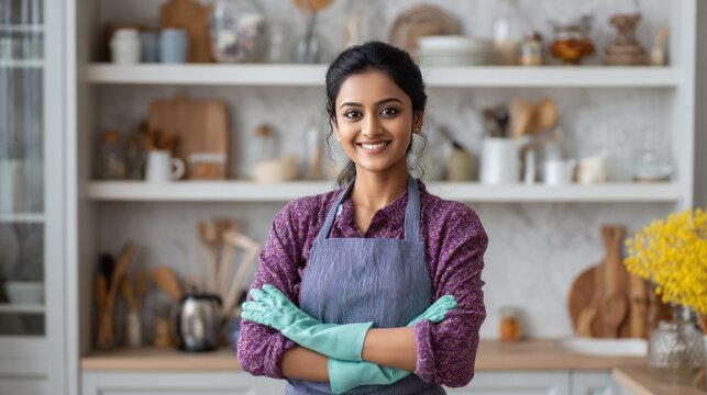Confident Indian woman in apron, standing with hands crossed holding cleaning gloves, bright modular kitchen, organized utensils, family home aesthetic