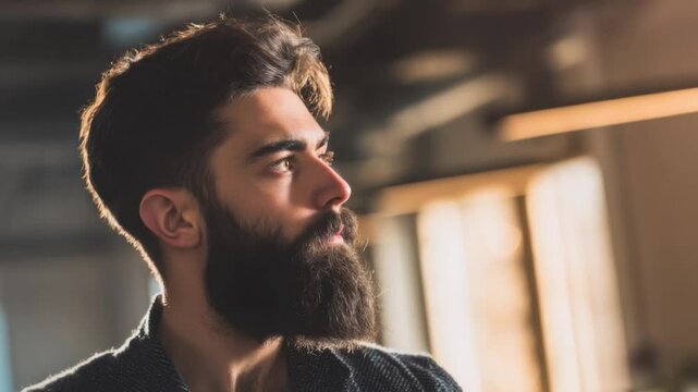 Man with a Beard: A portrait of a man with a full, dark beard, his gaze directed thoughtfully off into the distance. The lighting highlights the texture and depth of his beard. 