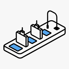 Isometric charging station with multiple devices and blue accents  