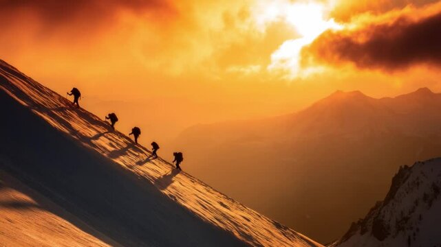 Ascending Ascent: A group of intrepid mountaineers etched against a fiery sunset sky, embarking on their challenging climb